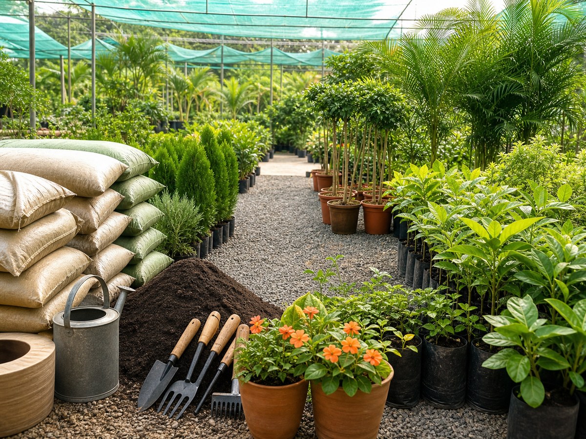 Plant nursery with garden tools and materials
